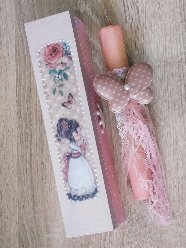Χειροποίητη πασχαλινή λαμπάδα για κορίτσια sweet princess ροζ με ξύλινο κουτί σετ