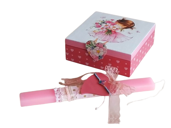 Χειροποίητη πασχαλινή λαμπάδα για κορίτσια με ξ΄τλινο κουτί μπιζουτιέρα και βραχιολάκι πεταλουδίτσα