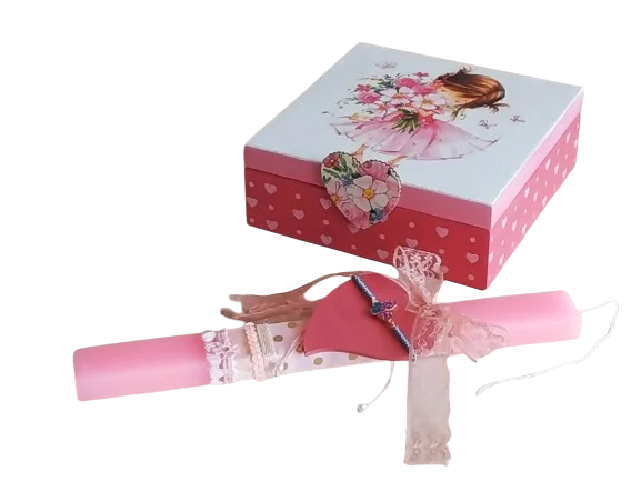 Χειροποίητη πασχαλινή λαμπάδα για κορίτσια με ξ΄τλινο κουτί μπιζουτιέρα και βραχιολάκι πεταλουδίτσα
